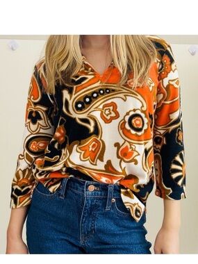 J. Crew Terrycloth Paisley Retro 3/4 Sleeve Top Medium